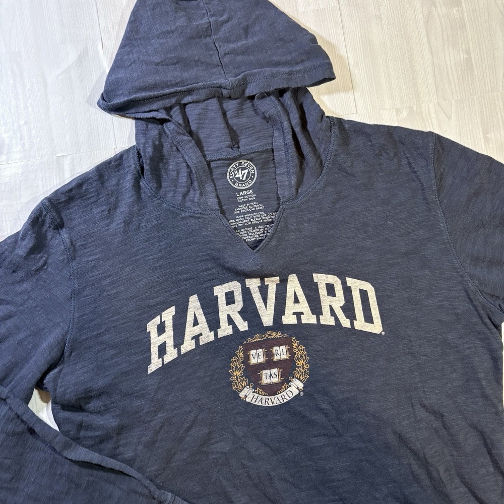 47 Brand Harvard Sweatshirt Men's Size L Gray Long sleeve Tee Hood 100% Cotton